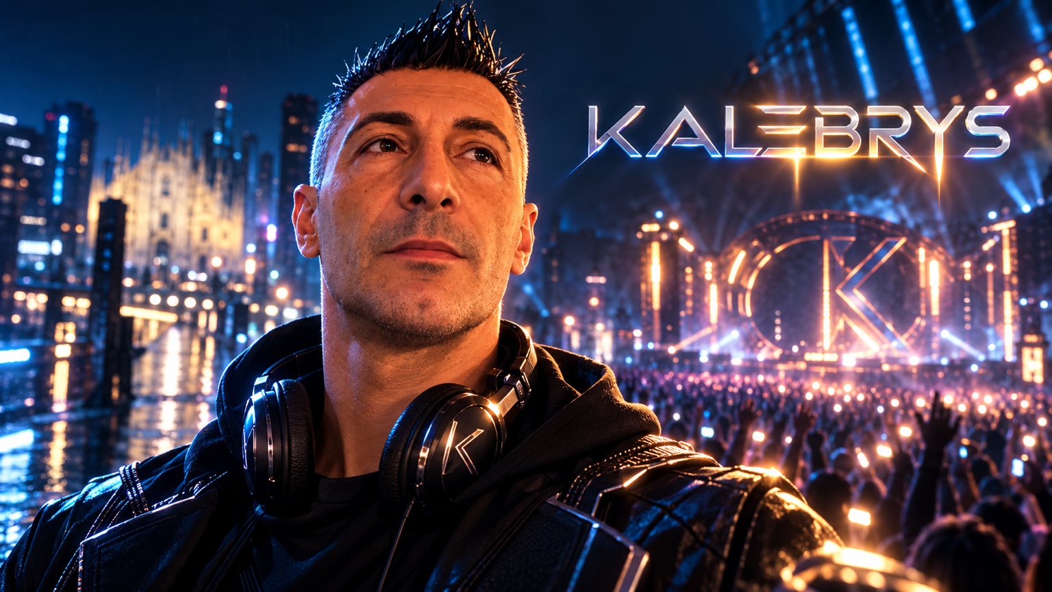 KALEBRYS with headphones against a futuristic Milan festival backdrop