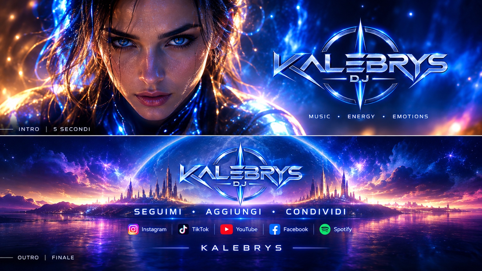 Cinematic KALEBRYS artwork with electric blue light and a chrome artist emblem